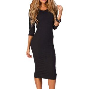 Women's Velvety Soft Polyester Spandex Midi Bodycon Dress with 3/4 Sleeves